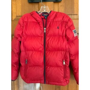 Polo Ralph Lauren Down Jacket Boys Size 7 Red/Navy Full-Zip Back Spellout‎ RARE
